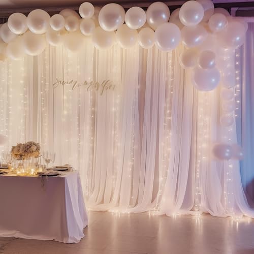 10ft x 10ft White Chiffon Backdrop Curtain with Lights String for Parites Wedding Wrinkle Free Curtain Photo Backdrops Drapes for Baby Shower Birthday Party Home Decorations - Image 3
