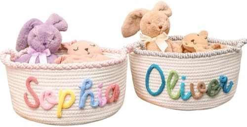 Personalized Cute Small Woven Basket with Handles, Custom Cotton Rope Room Shelf Storage Basket, Empty Decorative Gift Basket, Decorative Round Bin for Nursery Bedroom Bathroom (Style J) by Handmade