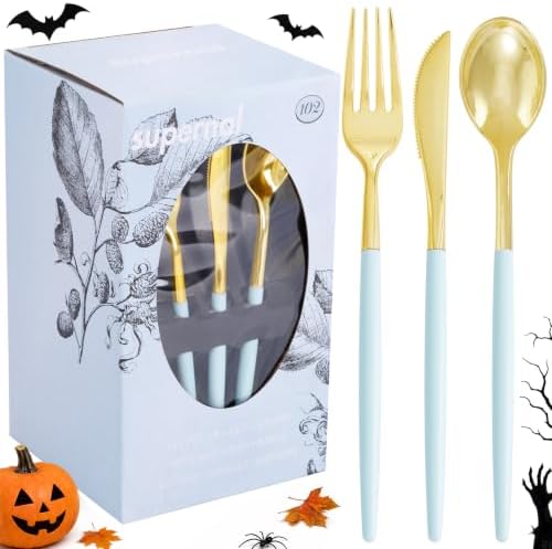 Supernal 102Pcs Gold Plastic Cutlery with Mint Green Handle for Party by supernal