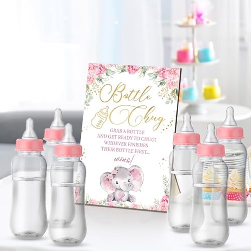 Trelaco 12 Pcs Pink Baby Shower Games Elephant Bottle Chug Wooden Sign Set - Image 2