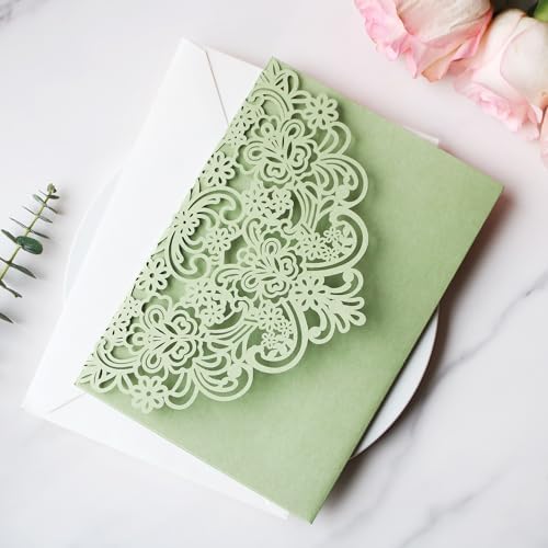 Hosmsua 50PCS Sage Green Wedding Invitation Pocket with Envelopes, 5.12 x 7.2 Trifold Laser Cut Lace Flora Invitations for Quinceanera Sweet 16 Quince Invitation (No Inner Sheet) - Image 3