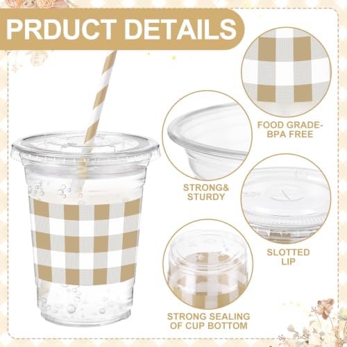 Sliner 50 Sets 16oz Khaki White Gingham Party Plastic Cups - Image 2