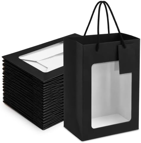 80 Pcs 9.8 x 5.1 x 7.1 in Black Kraft Paper Gift Bags with Window & Handles by Fuutreo