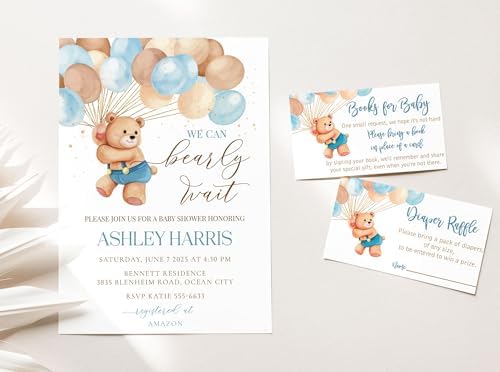 All Ewired Up We Can Bearly Wait Baby Shower Invitation, Blue Teddy Bear Baby Shower Invite, Library, Diaper Raffle, Balloons, Personalized Large 5X7 - Image 5