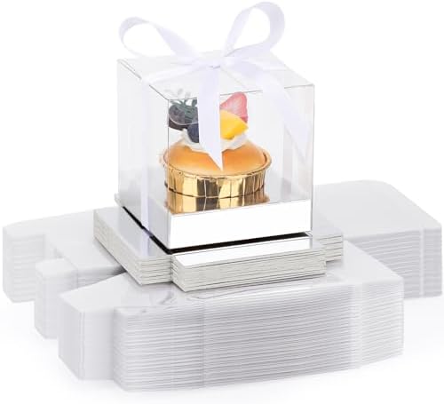EUSOAR Cupcake Boxes, 50 Packs 3.5 Inch Dessert Pastry Individual Cupcake Containers with Inserts and Ribbon, Clear Muffins Gift Holder Disposable Cake Carrier for Wedding Party Favor Bakery-Silver by EUSOAR