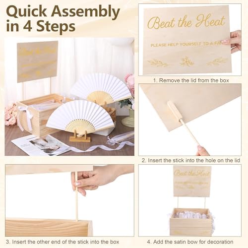 Aodaer White Paper Fan Set 60 Pack Folding Hand Fans with Organza Gift Bags Wooden Storage Box Display Sign and White Ribbon Handheld Fan for Wedding Favors Bridal Shower Party Supplies - Image 4
