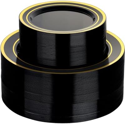 Goodluck 200 PCS Black Plastic Plates with Gold Rim, Heavy Duty Disposable Black Plates with 100 10.25 inch Dinner Plates and 100 7.5 inch Dessert Plates for Party, Holiday, Wedding by GoodLuck