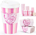 50 Pack Pink Disco Heart Disposable Coffee Cups with Lids & Sleeves, 16oz Premium To Go Paper Cups for Birthday, Baby Shower, Bachelorette & Wedding Party Supplies by YULLOT