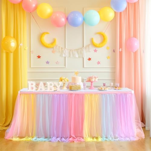 Rainbow Table Skirt for Baby Shower Girl Birthday Party 14ft Colorful Tulle Tutu Table Skirt Decorations for Gender Reveal Unicorn Theme Party Cake Dessert Decorations(L14(ft) H 30in, Rainbow) - Image 2
