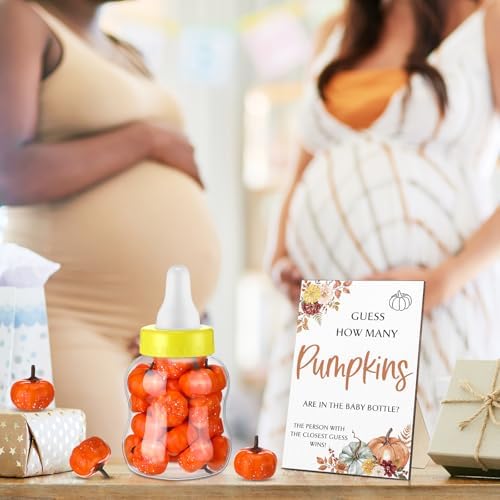 Seenelling 152 Pcs Fall Baby Shower Games Guess How Many Pumpkins Game Stand Sign 100 Pumpkins Guessing Cards 20 Pencils 1 Large Baby Bottle 30 Pumpkins for Guests Gender Reveal Party Game Decorations - Image 6
