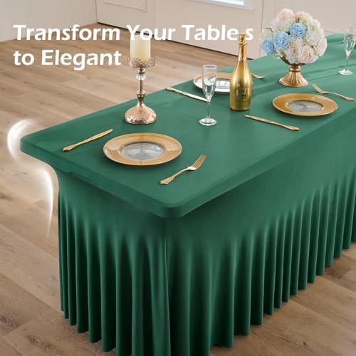 6 pk Hunter Green Spandex Tablecloth 8ft With Ruffle Table Skirt, Wrinkle Free Stretchy Fitted Tablecloths for 8 Foot Rectangle Tables, Elastic Spandex Table Covers for Weddings Parties Banquet Craft - Image 5