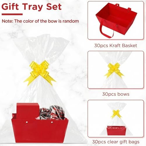Tuanse 30 Pcs Basket for Gift Empty DIY Bulk Gift Basket Kit with Handle Kraft Cardboard Tray with 30 Bag 30 Bow Market Tray for Wedding Party, Red, 9.8 x 6.7 x 4.3 in - Image 3