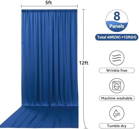 8 Panels 5x12ft Royal Blue Backdrop Curtains for Parties, Wrinkle Free Polyester Blue Photo Backdrop Drapes 12 ft Long Back Drop Cloth for Wedding Birthday Photography Background Party - Image 4