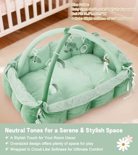 5-in-1 Baby Play Gym and Tummy Time Mat, 12 Learning Cards, Plush Activity Mat with 6 Toys, Baby Gym, Convertible to Ball Pit, Baby Gift, Sage Green - Image 5