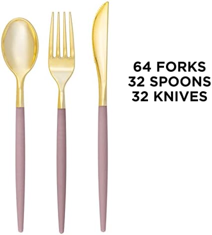 Luxe Party 128 Pieces Two Tone Plastic Disposable Cutlery | Forks-Spoons-Knives | Full Size | Chic Round | Mauve and Gold - Image 3