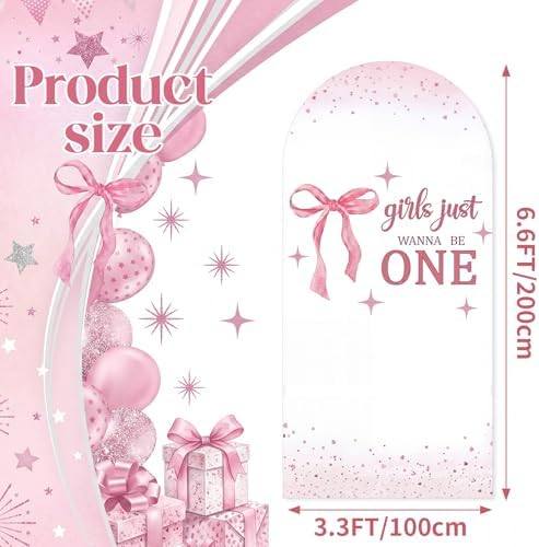 Breling Girls Just Wanna Be One Birthday Decor 6.6 ft Pink Bow Arch Cover - Image 3