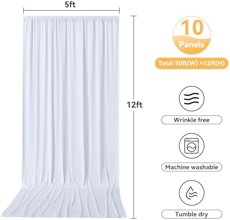 10 Panels 5x12ft White Backdrop Curtains for Wedding Parties, Wrinkle Free Polyester 12 ft Long Photo Backdrop Drapes Back Drop Cloth Drapery for Birthday Baby Shower Ceremony Photography Background - Image 3