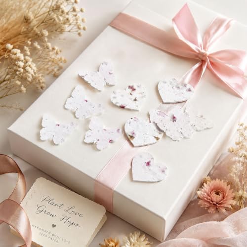 100 PCS Handmade Flower Papers for Wedding Guests Favors, Heart Butterfly Recycled Wildflower Cards, Writable Wrap Gifts Tags for Envelope DIY Craft Birthday Funeral Baby Shower Party Decorations - Image 5