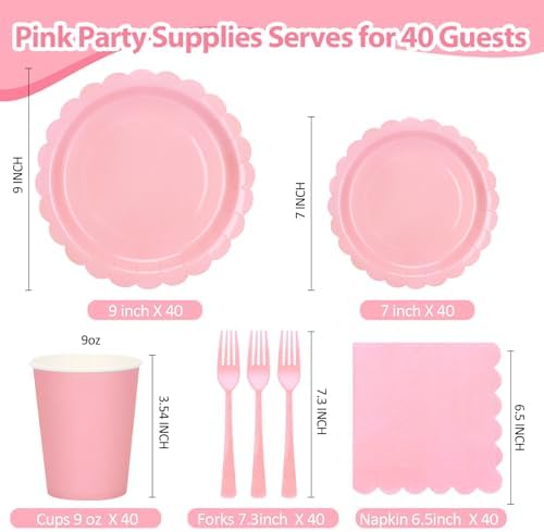 200Pcs Light Pink Party Plates and Napkins, 9’’and 7’’ Disposable Scalloped Pink Paper Plates Cups Napkins Forks Set Party Supplies for Birthday, Baby Shower Bridal Shower Party Decorations, Serves 40 - Image 2