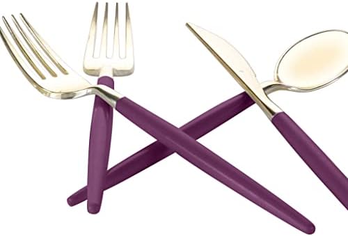 Luxe Party 128 Pieces Two Tone Plastic Disposable Cutlery | Forks-Spoons-Knives | Full Size | Chic Round | Purple and Gold - Image 4