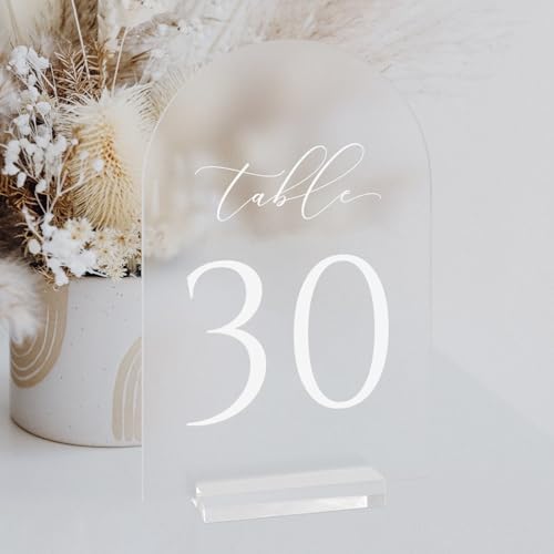 Frosted Arch Table Numbers for Wedding, 5x7 Inch Acrylic Table Numbers 1-30 with Stands, Frosted Acrylic Arch Tabletop Sign with Holder for Centerpiece, Reception, Wedding, Party, Event by JINMURY