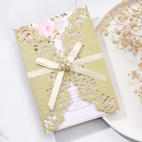 50PCS Gold Wedding Invitations, with Blank Cards Custom Your Party Invites by Maffily
