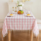 Pink Gingham Tablecloth Rectangle, Cotton Linen Plaid, 55x90 Inch - Image 4