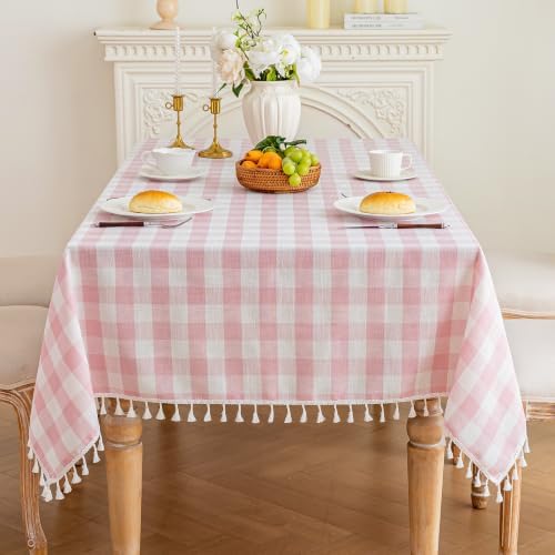 Pink Gingham Tablecloth Rectangle, Cotton Linen Plaid, 55x90 Inch - Image 4