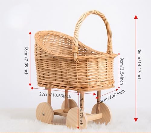 Wicker Stroller Flower Basket,Woven Rattan Pushcart Planter Basket for Wedding Baby Shower Centerpiece Candy Storage Home Decor (Small) - Image 2