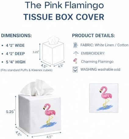 Jacaranda Living Square Tissue Box Cover, Linen/Cotton Tissue Holder, Decorative Cloth Tissue Cover, Fits Standard Square Tissue Boxes, Embroidered Animal Designs, Flamingo (Pink) - Image 2