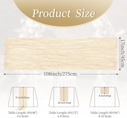 20 Pack Ivory 17 x 108 Inch Cheesecloth Table Runner - Boho Gauze Sheer Fabric for Wedding Baby Shower Party Home Decor - Image 2