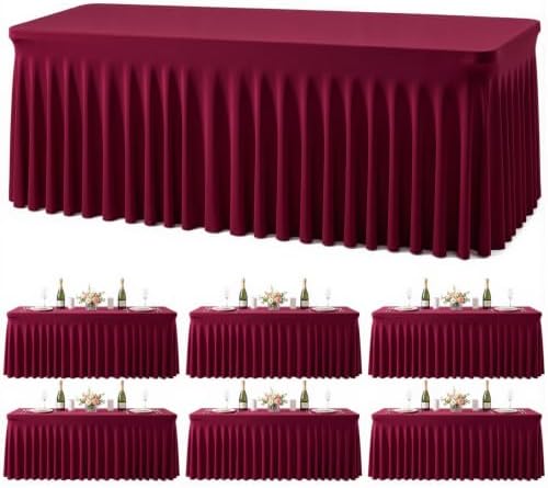 6 Pack Burgundy Table Cloth for 6 Foot Rectangle Tables Spandex Fitted Tablecloth 6ft Stretch Table Covers Skirt Burgundy Banquet Tablecloths Wrinkle Free Tablecloth for Party Wedding Birthday Event by Tao-GePartyDecorations