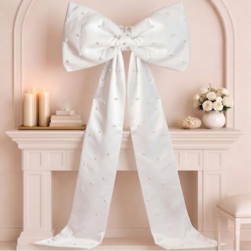 Giant White Bow with Pearl Wedding Wall Decor 40 x 24 Inch Oversized Coquette Large Bow Satin Ribbon Tie for Wedding Room Backdrop Decorations Birthday Party Holiday Supplies Outdoor Decor by Unknown