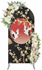 Arch Backdrop 6.6 Ft, Cherry Blossom Spandex Stretch Fitted Arch Cover, Round Top Chiara Arches Stand Backdrop Cover for Wedding Birthday Party Baby Shower Harmony Crane Red Moon Paper Fan by Homechoid