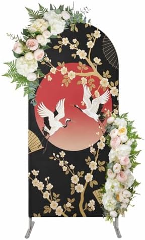 Arch Backdrop 6.6 Ft, Cherry Blossom Spandex Stretch Fitted Arch Cover, Round Top Chiara Arches Stand Backdrop Cover for Wedding Birthday Party Baby Shower Harmony Crane Red Moon Paper Fan by Homechoid