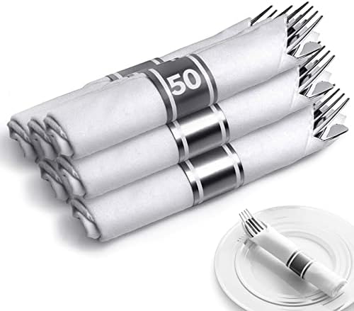 200 Pieces Pre Rolled Silver Plastic Cutlery Set, Individually Wrapped Plastic Silverware Set with 50 Forks, 50 Knives, 50 Spoons, 50 Napkins, Utensils for Weddings, Service for 50 Guests by StockYourHome