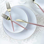 Luxe Party 128 Pieces Two Tone Plastic Disposable Cutlery | Forks-Spoons-Knives | Full Size | Chic Round | Mauve and Gold - Image 5