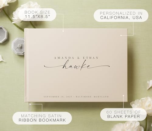 Personalized Guest Book - 11.5" x 8.5" Custom Bride & Groom Names with Bookmark and Hard Cover 140 GSM Blank Pages, for Weddings Guest Book, Engagements, Birthdays, Special Events, Oats - Image 2