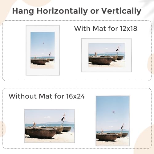 FLYJOE 16x24 Frame | 16x24 Poster Frame With Mat For 12x18 | Metal Aluminum Picture Frame With Tempered Glass | Minimalist Modern Poster Frame | Hanging Hardware Included | Silver - Image 4