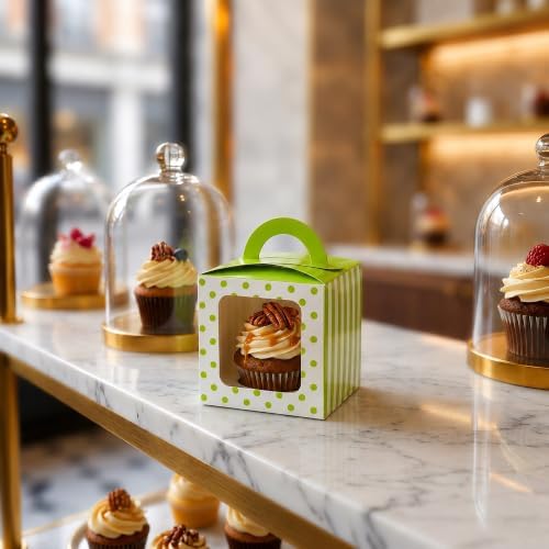 Restaurantware Pastry Tek 4.5 Inch Individual Cupcake Boxes 100 Polka Dots Cupcake Favor Boxes - Fits 1 With Window Green Paper Cupcake Gift Boxes Built In Handle For Weddings Or Parties - Image 4