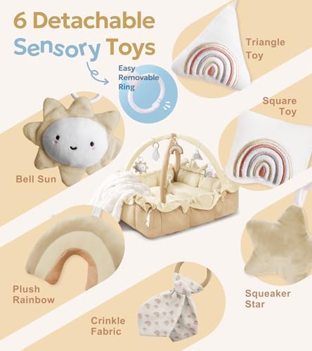 Mallify 5-in-1 Plush Baby Play Gym, Baby Play Mat, Convertible Baby Gym with Blanket and 6 Toys, Tummy time mat, Baby Activity Center from Newborn to Toddler, Baby Gym, Baby Newborn Essentials,Cream - Image 3
