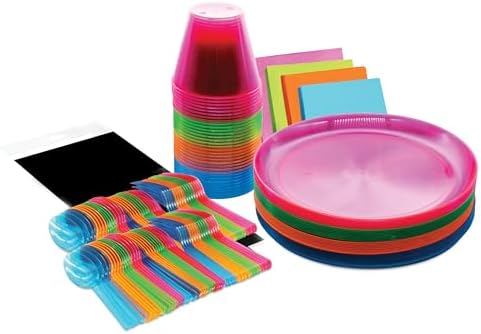 Party Essentials Disposable Plastic Glow-in-the-Dark Party Supplies Dinnerware Decorations, Plate/Cup/Cutlery/Tablecover, 193 Pcs, Assorted Neon by PartyEssentials