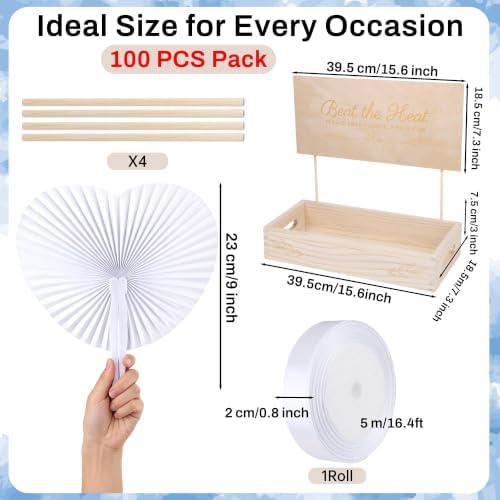Aodaer Heart Shaped White Paper Wedding Fans with Wooden Storage Box 100 Folding Handheld Fans Satin Ribbon for Wedding Party Favors Bridal Shower DIY Crafts Event Decorations - Image 2