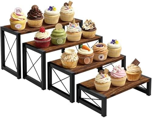 ELITEROO Wood Risers Display Stands Set of 4, Wooden 4 Tier Cupcake Stand, Tiered Riser for Vendors, Decorative Display Risers for Food Desserts Buffet Table at Party Wedding, Rustic Brown by ELITEROO