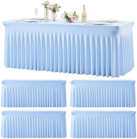 4 Pack Baby Blue Spandex Tablecloths for Rectangle Tables 6 Foot Blue Stretch Table Cloth Rectangle 6ft Elastic Fitted Table Cover with Skirt for Wedding Baby Shower Boy Birthday Party Banquet Buffet by Suppromo