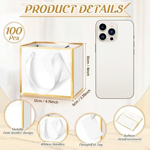 Yeaqee 100 Pcs Mini Metallic Paper Gift Bags with Handle, White, Gold - Image 2