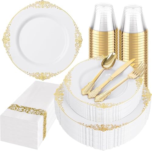Hioasis 175 Pcs White Gold Plates for Wedding by Hioasis