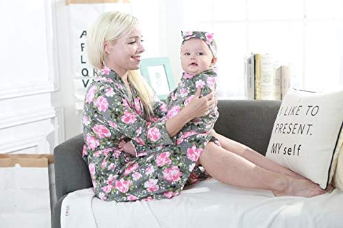 4 Pack Maternity Robe and Matching Baby Swaddle Blanket with Hat Headband Set, Stretchy Knitted Delivery Nursing Dress with Pockets and Receiving Blanket for Mummy and Baby (Grey Flower) - Image 5