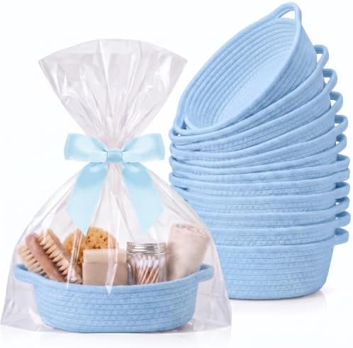Blue 12 Set Small Woven Gift Basket with Gift Bags Ribbons Empty Gifts Baskets Woven Rope Storage Basket with Handles for Birthday Baby Shower Nursery Toy Organizer 9.1"x 5.1" x 2.8" by Yiyiring