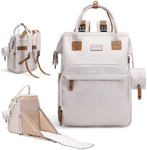 Diaper Bag Backpack, Multifunction Diaper Bag with Changing Station, Stylish Baby Bags, Large Unisex Diaper Backpack for Mom and Dad, Baby Registry Search, Portable Changing Pad – White Beige by Unknown